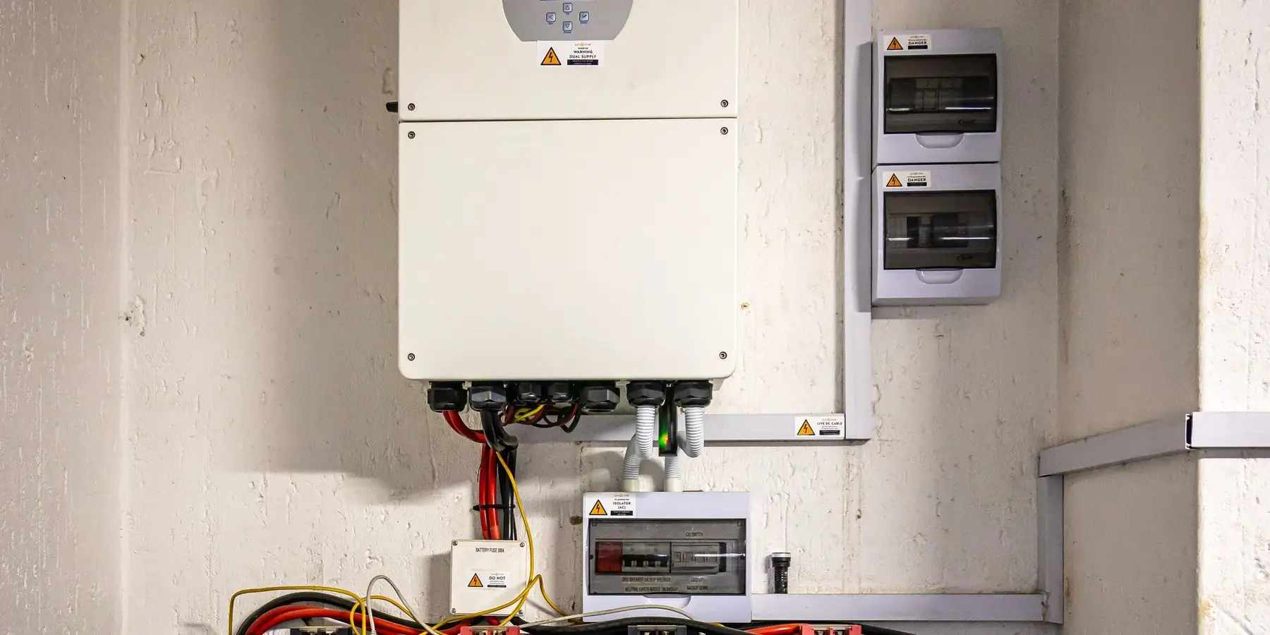 Inversor híbrido y baterías de litio instalados en un cuarto técnico