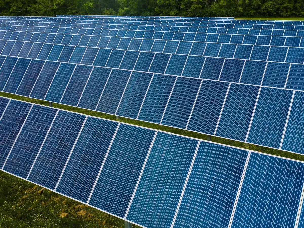 Seguidores solares instalados en un campo verde